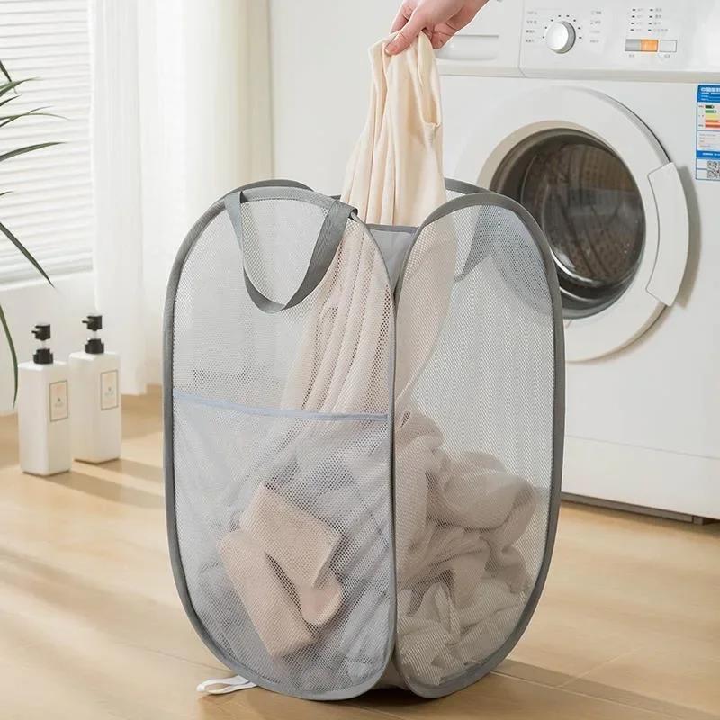 1PC Horizontal Foldable Laundry Basket Mesh Cloth Breathable Laundry Hamper Home Accessories Large Capacity Storage Baskets