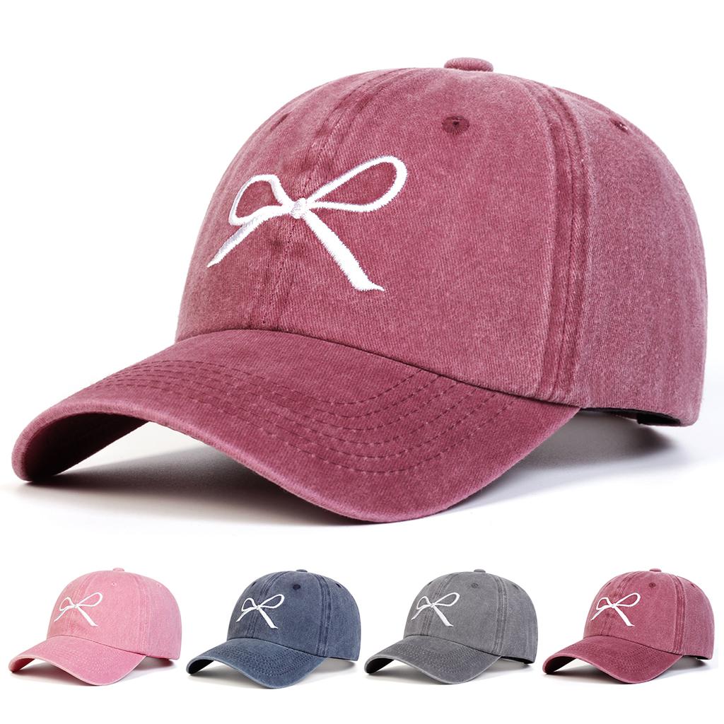 Unisex Bow Embroidery Adjustable Washed Baseball Hat Cute Golf Caps Spring Autumn Outdoor Leisure Hats Travel Accessories for Women Men