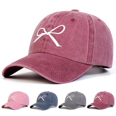 Unisex Bow Embroidery Adjustable Washed Baseball Hat Cute Golf Caps Spring Autumn Outdoor Leisure Hats Travel Accessories for Women Men