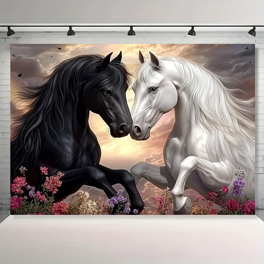 Black And White Horses Tapestry Wall Hanging, Yin Yang Stallions Art Tapestry For Living Room Bedroom, Aesthetic Home Decor