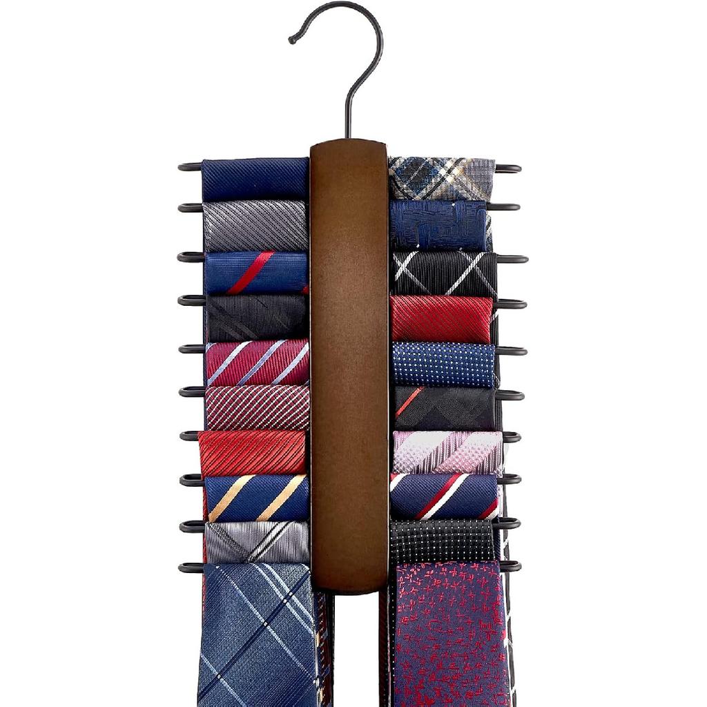 Mkono Wooden Tie Rack Retro Tie Belt Storage Hanger Organizer for Men Closet Space Saving Rack with 20 Non-Slip Hooks for Ties Belt Scarf Organize
