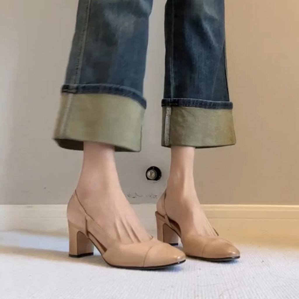 Sheepskin Version~ French Retro Literary and Artistic Style One-pedal High-heeled Sandals Women's Round Head Back Strap Leather Toe Shoes