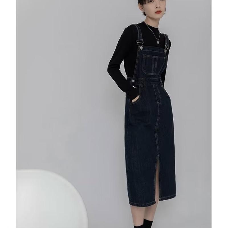 Autumn Vintage Dark Blue Denim Strap Dress For Women Loose Spring Dresses