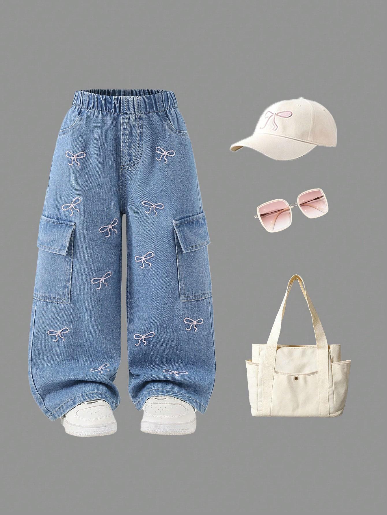 Girls  Everyday Casual & Trendy Cargo Jeans — Avant-Garde Style with Bow Embroidery, Blue Wash, Wide-Leg Straight Fit (Single Item) 4Y средний синий