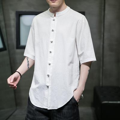Summer Tang Suit Retro Chinese Style Cotton and Linen Three-quarter Sleeve Shirt Men's Solid Color Stand-up Collar Button Short-sleeved Shirt
