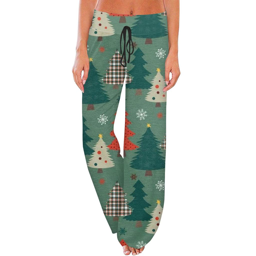 Women's Casual Fashion Comfort Pajama Pants Christmas Print Drawstring Wide Leg Pants