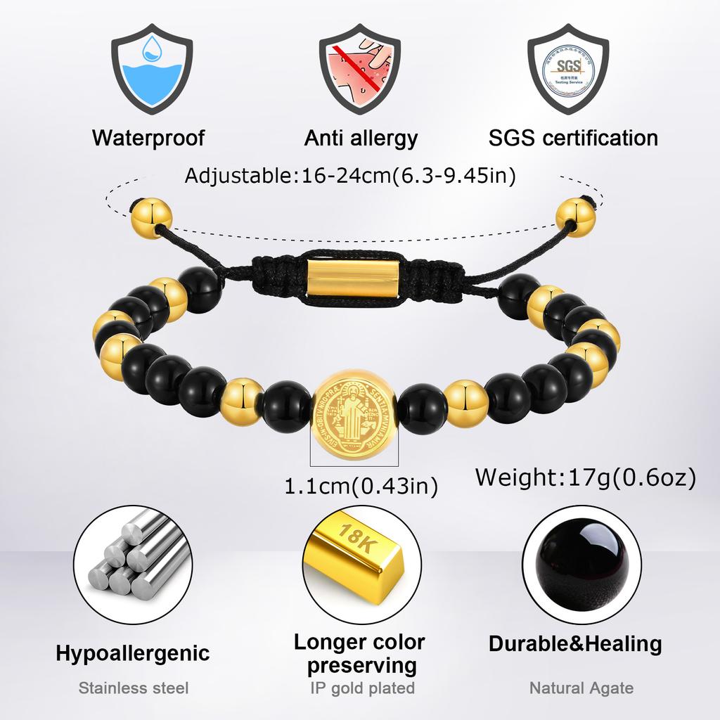 Tigerauge-Achat Naturstein Handgefertigtes Perlenarmband für Herren, Edelstahl Heiliger Benediktus Armband, Religiöser Gebetsschmuck