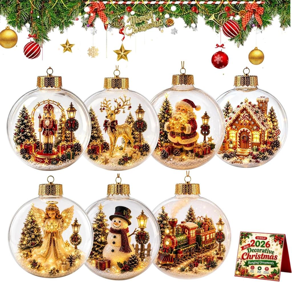 7 Pcs 3D Glowing Christmas Ornament Set Miniature Holiday Village Scene Figures with Warm Light Festive Tabletop Tree Decor for Home Mantel Windows