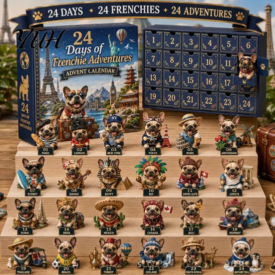 Bulldog Countdown Calendar French Advent Calendar, 24-Day Christmas Acrylic Ornament, Collectible Gift for Pet Owners Figurine Hanging Decor Tree, Dog