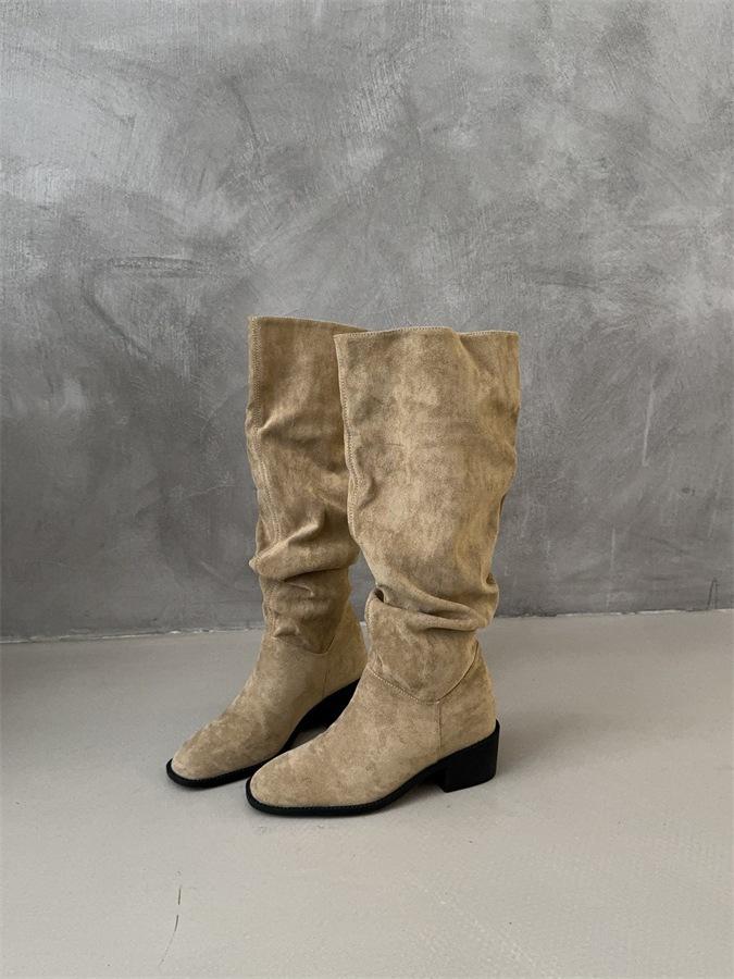 2025 Herbst und Winter neue koreanische Version gestapelte plissierte dicke Ferse innen dünne Stiefel Damen Herbst und Winter Retro-Mode mittelhohe Röhre dünne Stiefel