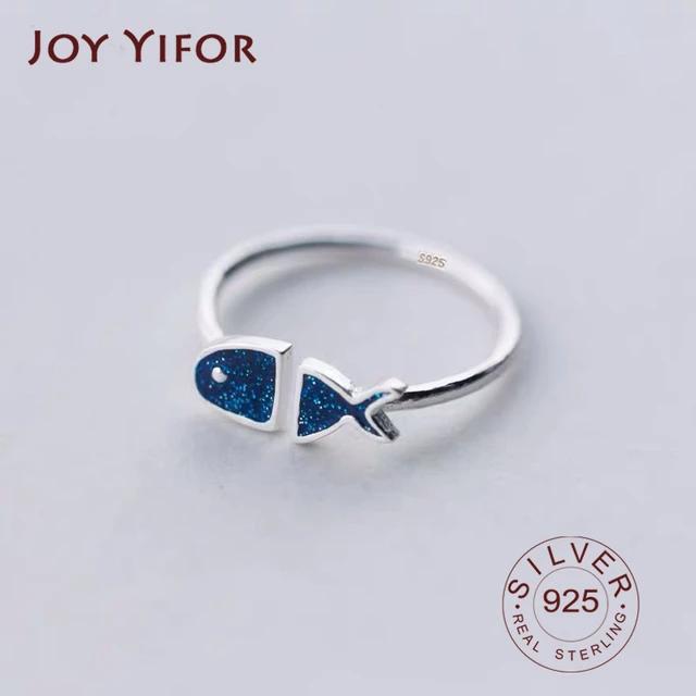 

BF CLUB Silver Color Geometric Black Enamel blue fish Adjustable Ring Minimalist Fine Jewelry For Women Party Gift