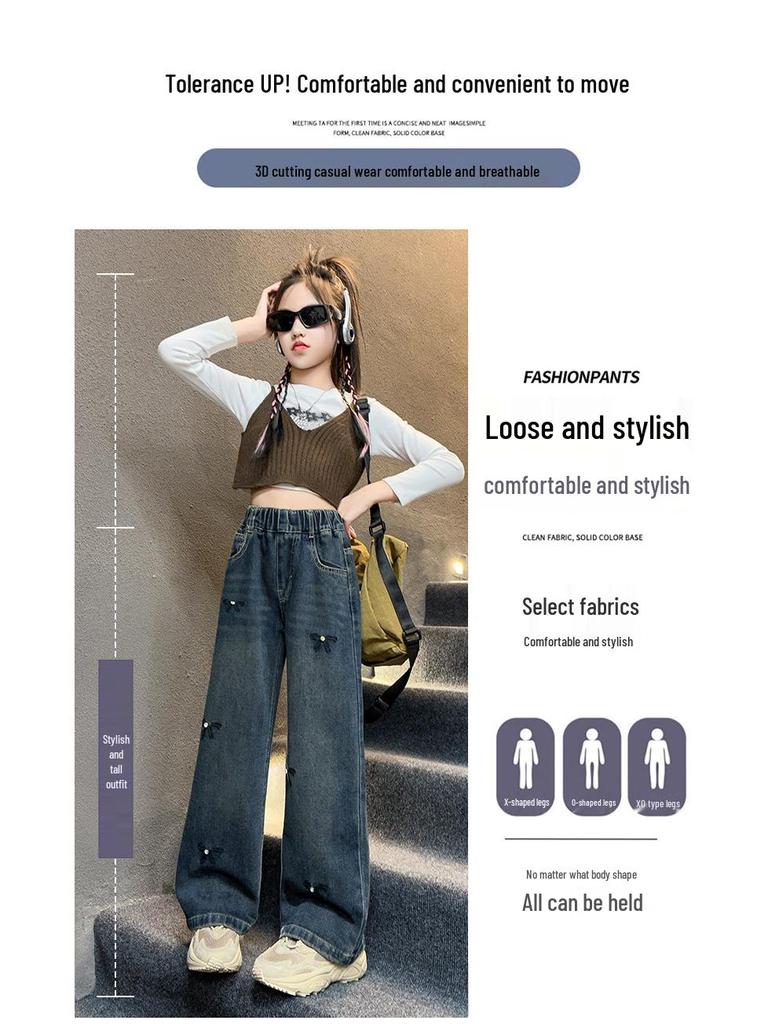 Girls' 2025 Fleece-Lined Wide-Leg Denim Pants - Autumn/Winter Style