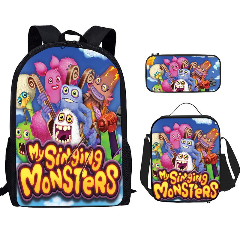 Monster Singer Elementary School Bag Three-Piece Nylon Printed Backpack Breathable Backpack Lightweight