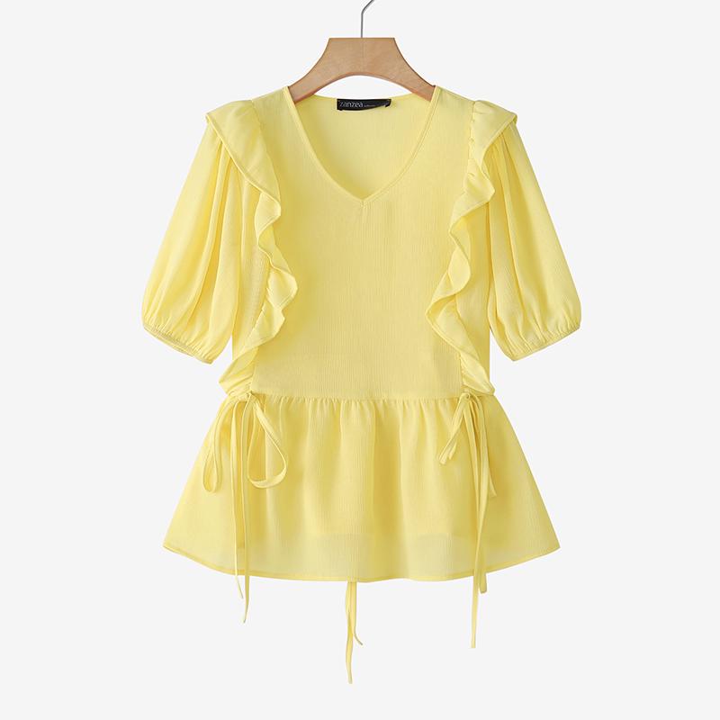 

ZANZEA Женская летняя блузка с V-образным вырезом, короткими рукавами и оборками 5XL жёлтый