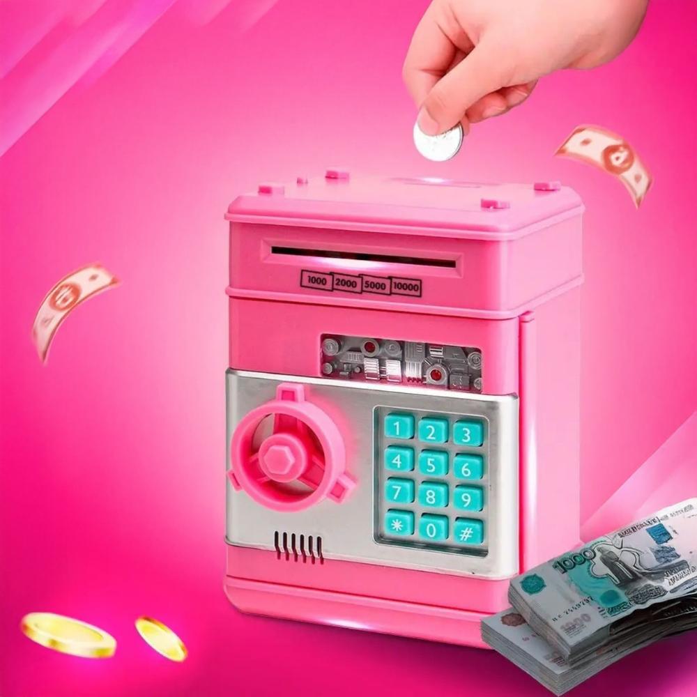 Safe Piggy Bank for Children with a Pin, Large Electronic ATM, Pink Coins