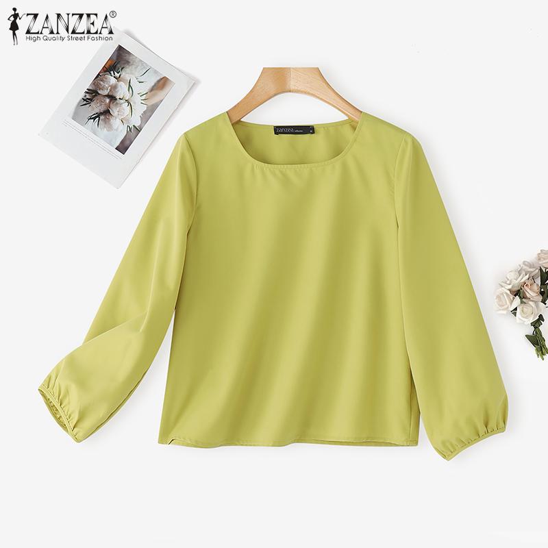 ZANZEA Women Casual Round Neck 3/4 Sleeve Loose Plain Blouse