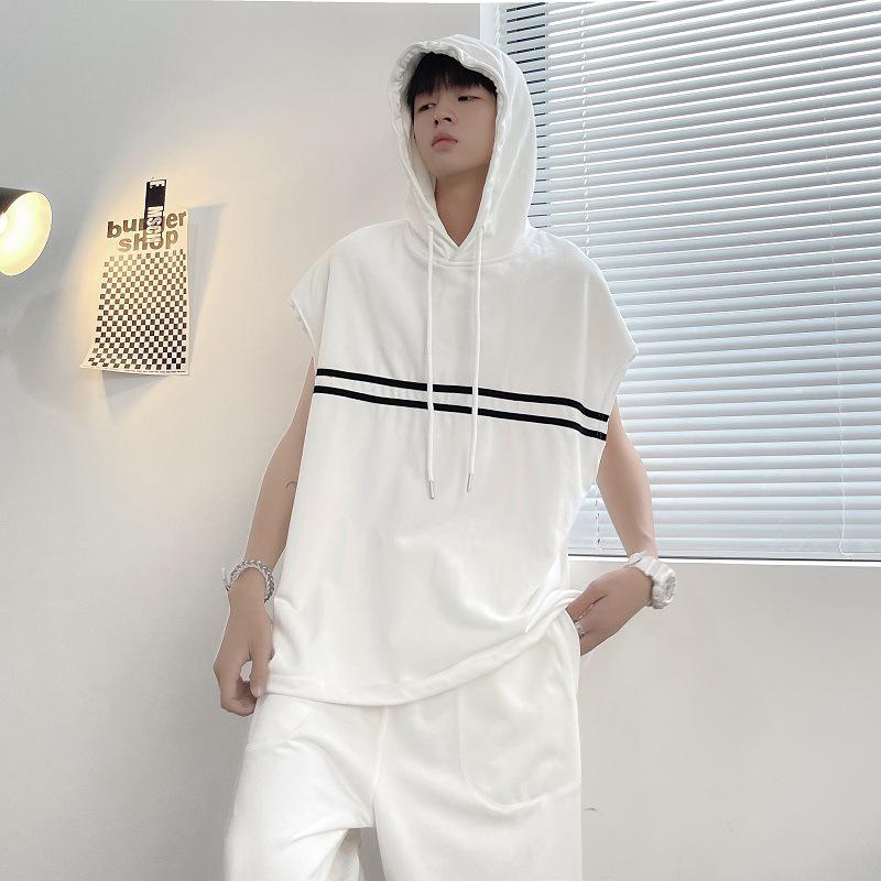 

Мужской модный летний комплект без рукавов с капюшоном - повседневная спортивная одежда из двух предметов XL белый
