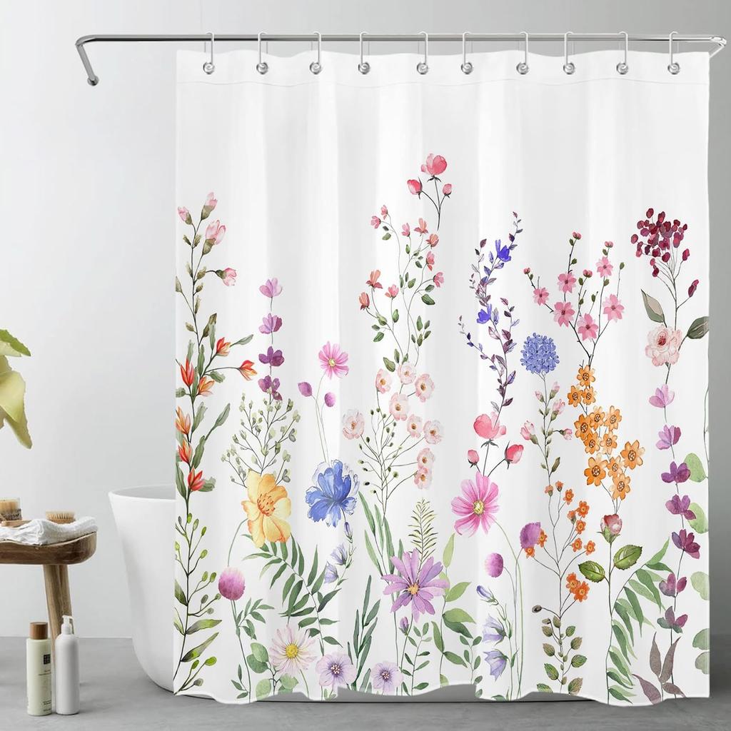 Rustic Floral Black Cat Shower Curtain with Hooks,Botanical Wildflower Butterfly Shower Curtain for Bathroom,Flower Plant Fabric
