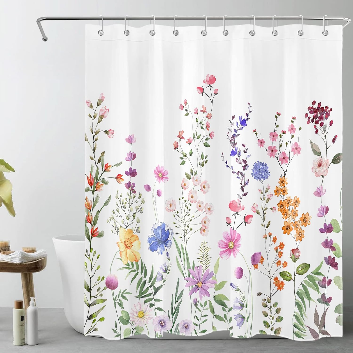 

Farmhouse Floral Shower Curtain For Bathroom,Nature Colorful Wildflower And Green Botanical On Beige Fabric Shower Curtain With W60H190(CM)-1 Pcs