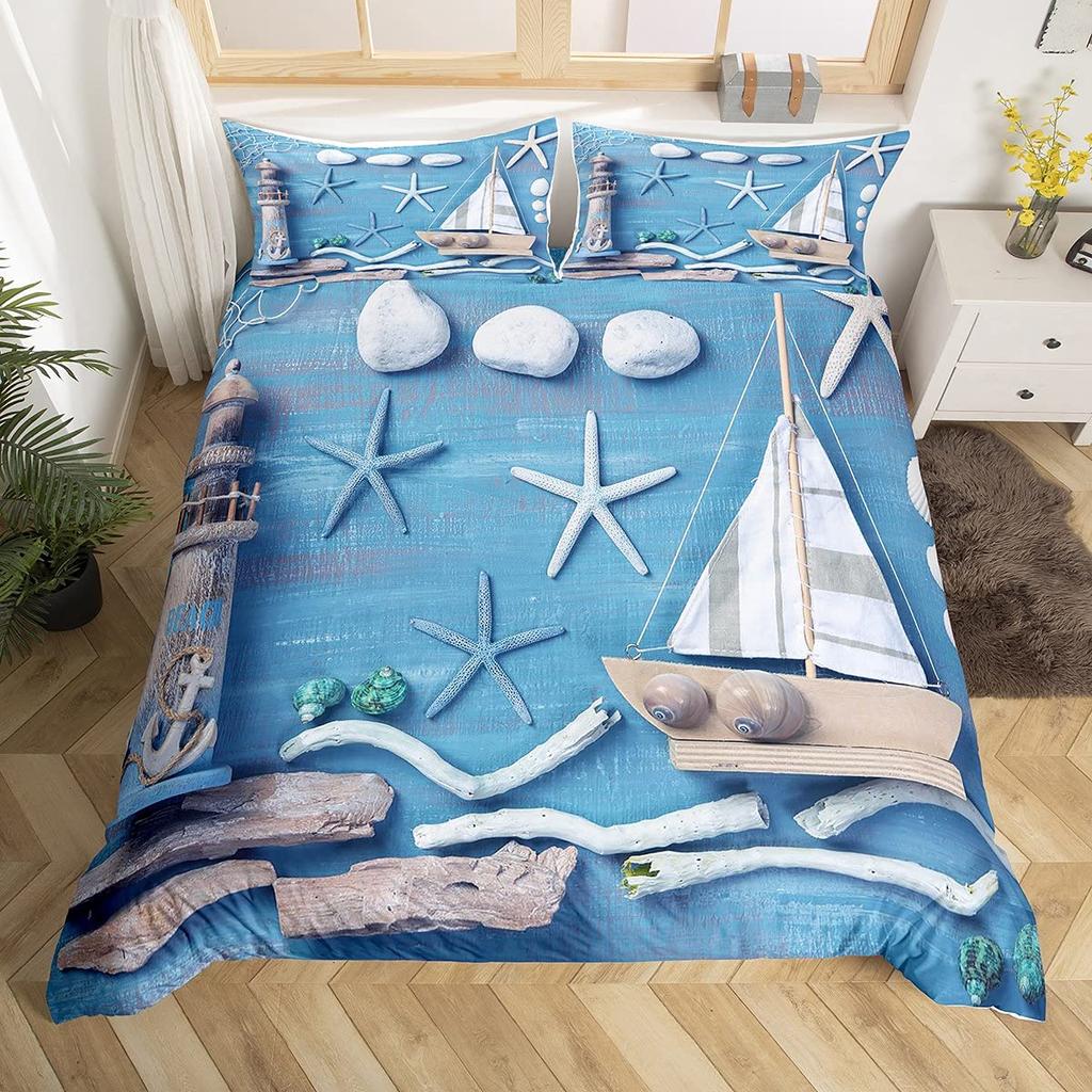 Nautical Anchor Duvet Cover Set Vintage Sail Boat Lighthouse Bedding Set Conch Starfish Seashell Ocean Wave Comforter Cover King