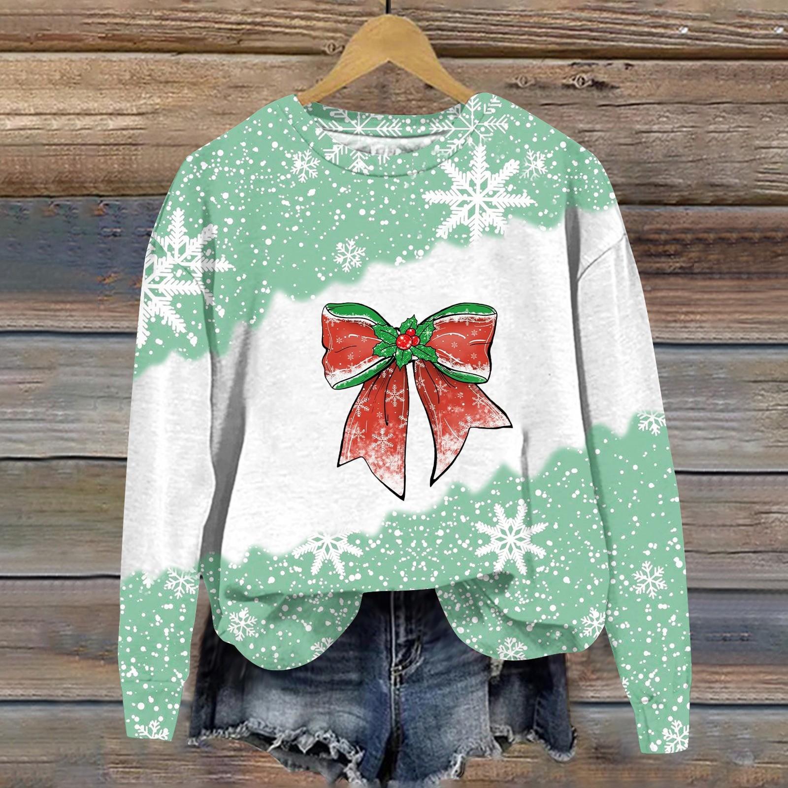 Женская мода рождественский принт длинный рукав свободный круглый вырез толстовка — фото 11