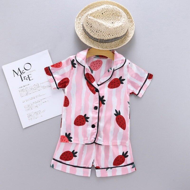 Kids Pajamas Girls Boys Sleepwear Nightwear Baby Infant Clothes Strawberry Stripe Print Pajama Sets Cotton Children's Pyjamas
