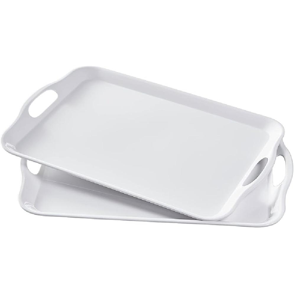 Blue Boat 16.5" x 11.5" Serving Trays Set of 2 White, Dinner Tray, Light Weight Easy to Clean Sturdy Stackable Melamine Serving Tray with Handle,