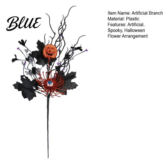 Halloween Party Floral Stems Artificial Branch Stem, Glitter Black Fake Twig with Pumpkin, Eyeball, Horror Themed Flowers Maple Leaves for Party,