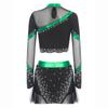 Women Cheerleading Dancewear Set Rhinestone Crop Top Long Sleeve Design Matching Skirt Performance Outfit