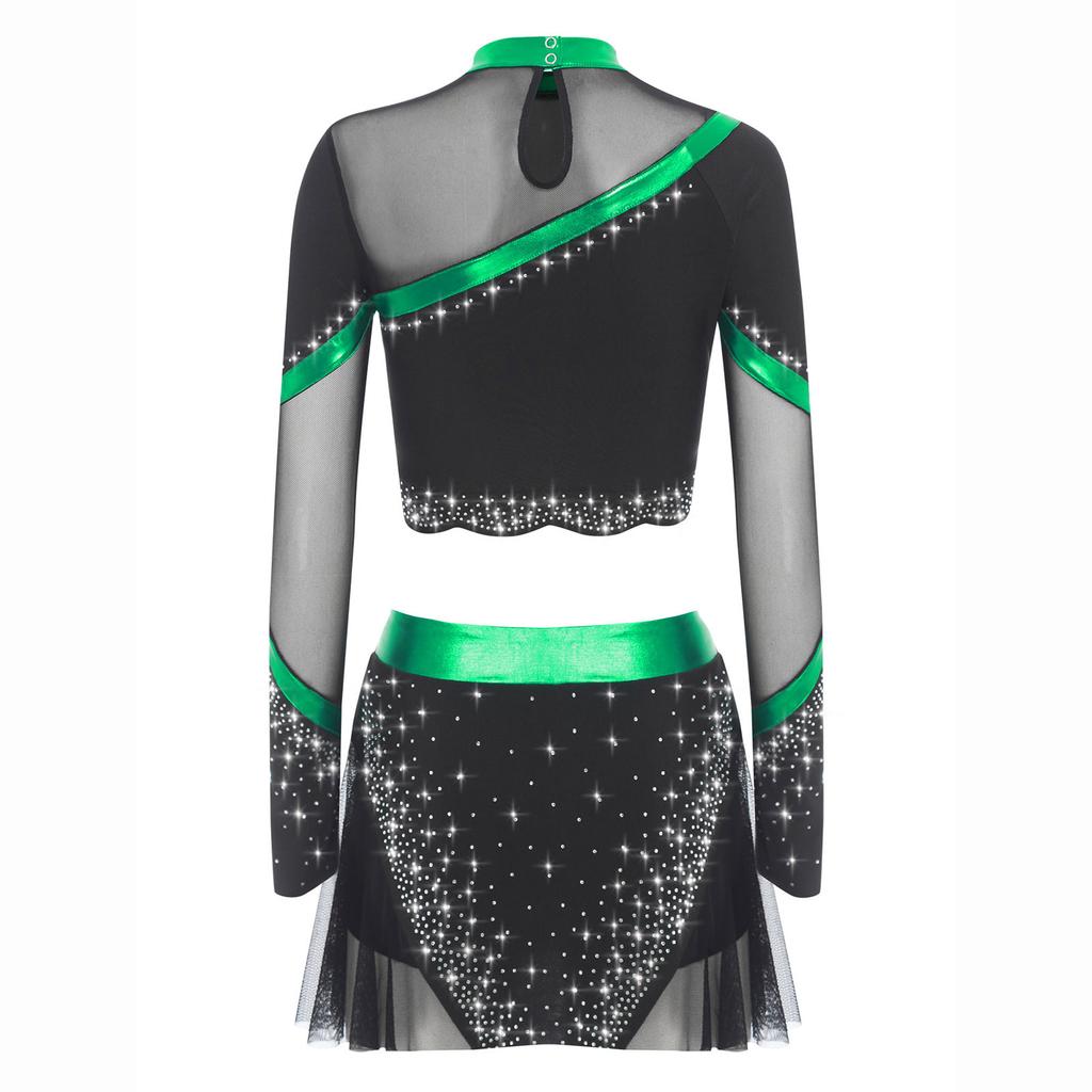 Women Cheerleading Dancewear Set Rhinestone Crop Top Long Sleeve Design Matching Skirt Performance Outfit