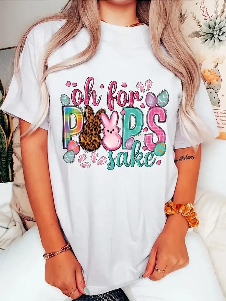 Easter Day Casual Tshirt Womens Plus Cartoon Letter Print Short Sleeve Slight Stretch Tee
