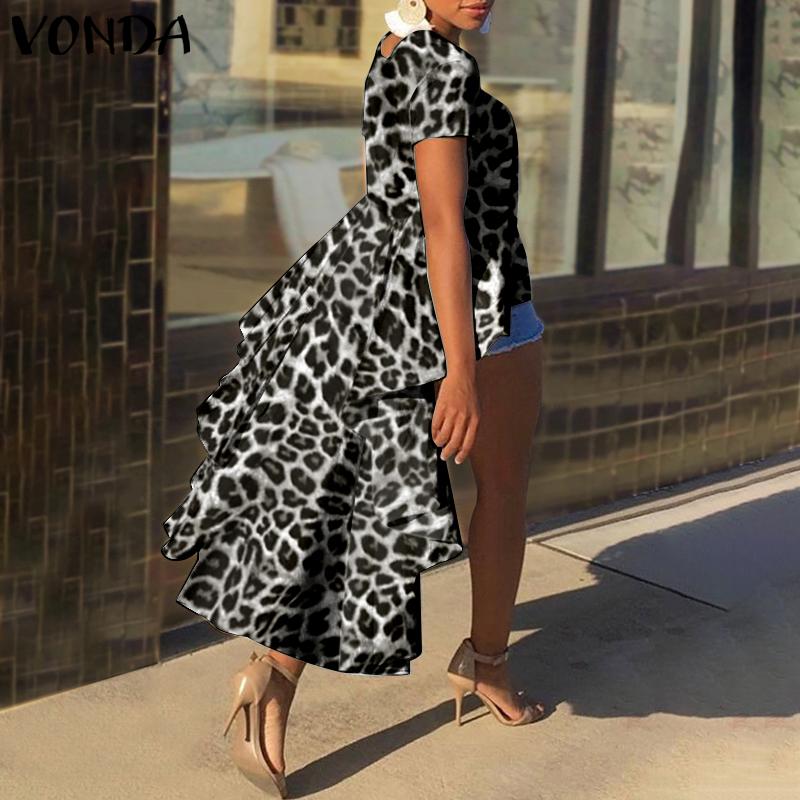 

Летние женские повседневные футболки VONDA с ​​леопардовым принтом и неровным подолом, длинные повседневные футболки трапециевидной формы