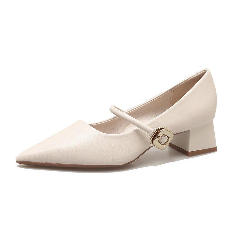Fashion Spring Autumn New Pointed Single Shoes Women Thick Middle Heel Shallow Mouth Pumps Elegant Solid Belt Buckle Heels for Women
