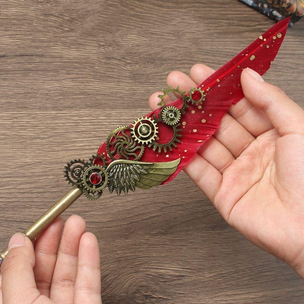 Replaceable 5 Nib Metal Signature Pen Retro Punk Feather Pen  Writing Accessories