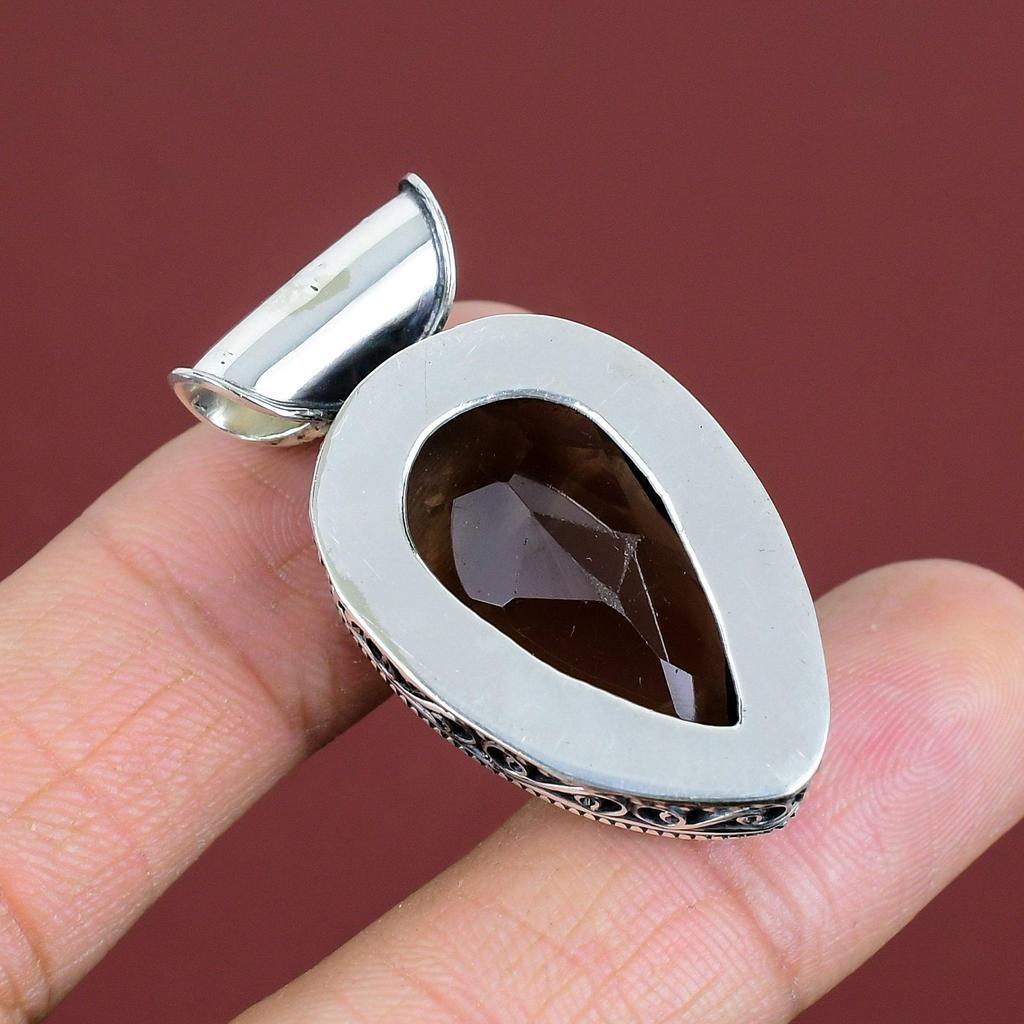 Faceted Smoky Quartz Pendant Vintage Unique Pendant 925 Sterling Silver Pendant Smoky Quartz Gemstone Jewelry Handmade Pendant Gifts For Him
