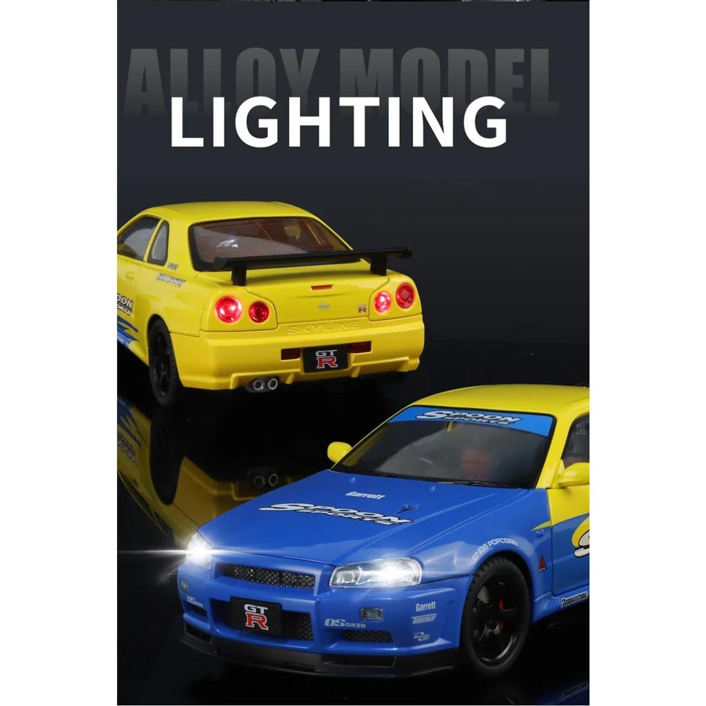 1/18 Nissan Skyline Ares GTR GT-R R34 Alloy Track Sports Car Model Diecast Metal Racing Car Vehicle Model Sound and Light Kids Toy Gift