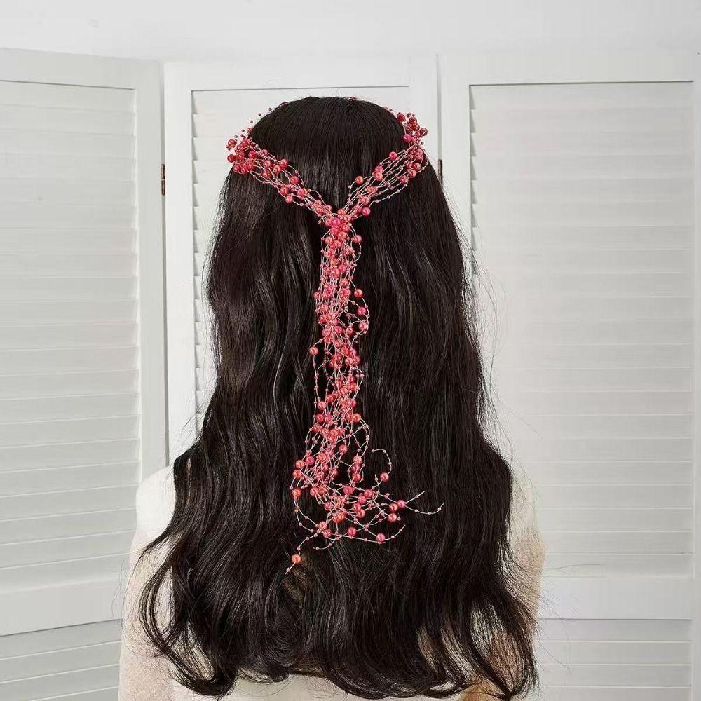 Handmade Bridal Pearl Headband Imitation Pearl Pearl Tassel Headpiece Beaded Tassel Wreath Wedding
