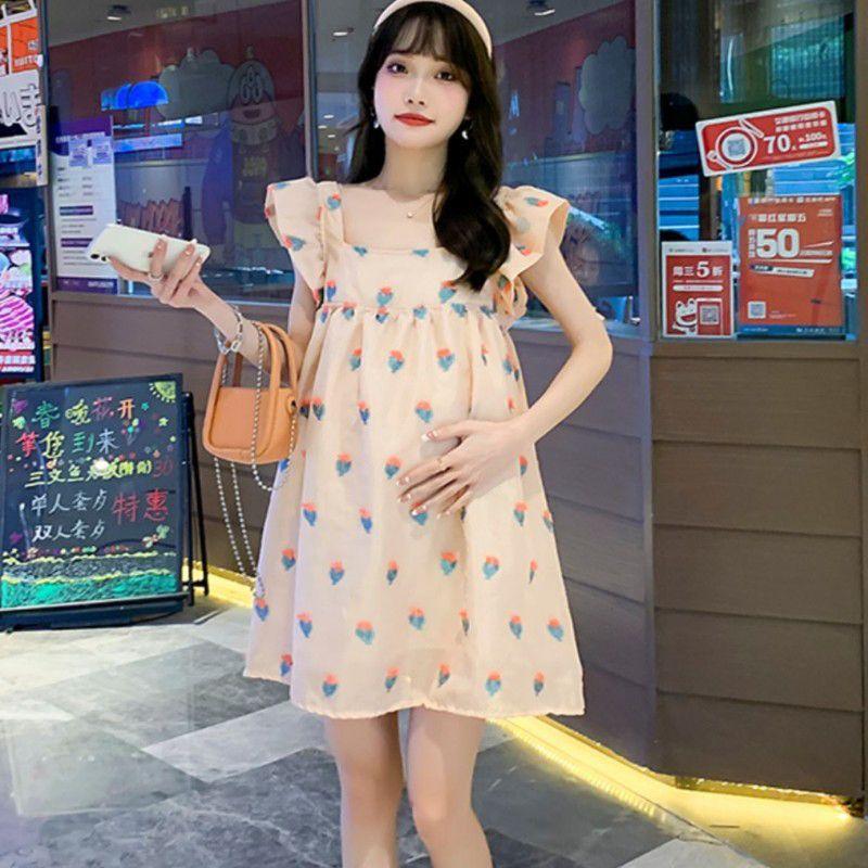 

Maternity dress summer dress fashionable and sweet printed flying sleeve dress loose casual medium and long small maternity dress 3XL [Recommended 165-92.5 kg]