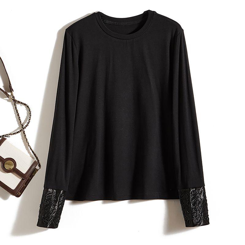

Woven Cotton Stretch Cotton Tops! Elegant Women s round Neck Bead Long Sleeves Black Slim Looking T-shirt Spring & Fall Winter Bottoming Shirt Black L