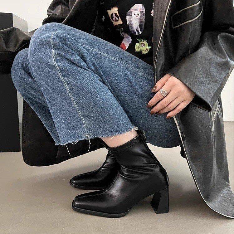 Dünne Stiefel mit hohen Absätzen Fee Fee 2025 neu weiches Leder dickabsatz Zigarettenstiefel modisch vielseitig Chelsea Kurzstiefel