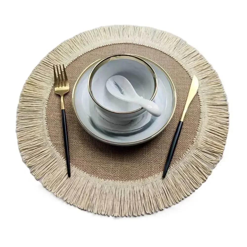 1PC Round Tassel Placemat Heat Resistant Mat Simple Jute Dining Table Mat Placemat for Wedding Homes Party Dining Table 38x38cm