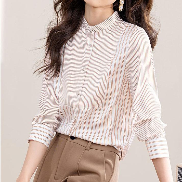 Real commuter striped printed shirt spring and autumn 1116 new trendy stand-up collar long-sleeved splicing shirt women's top