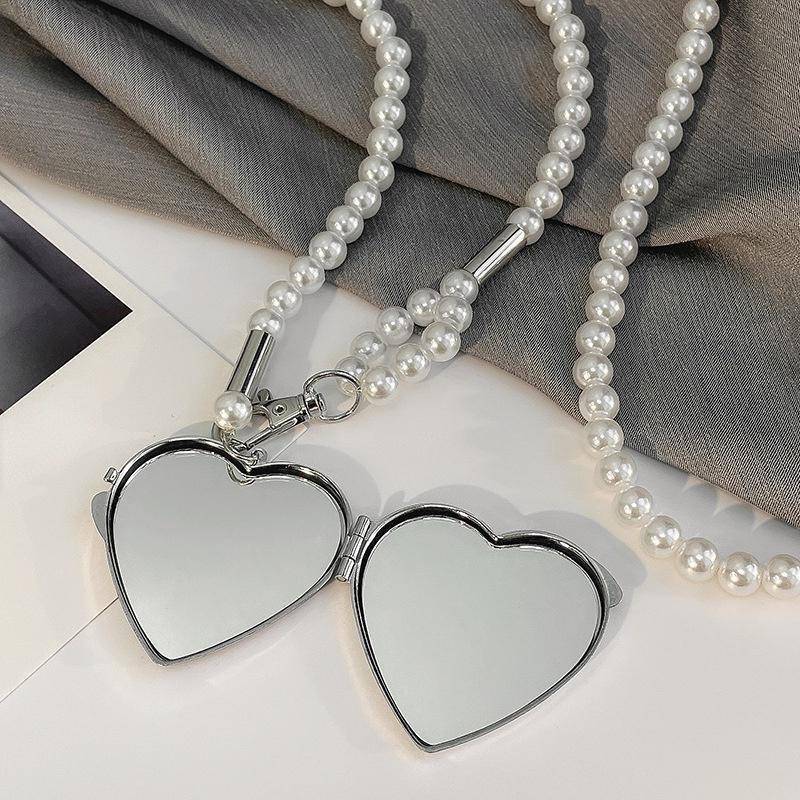 1pc Personality Long Necklace with Big Mirror Heart Pendant Women Pearl Shoudler Chain Jewelry Fashion