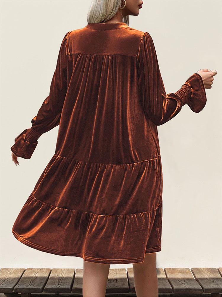 2026 Elegant Velvet Party Dress - Long Sleeve Solid Color