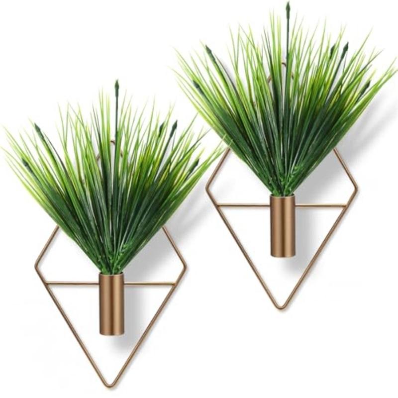 4 Pieces Bronze Wall Decor Hanging Planters with Artificial Aquatic Plants Metal Hanging Vase Indoor Plants Holder Modern Boho