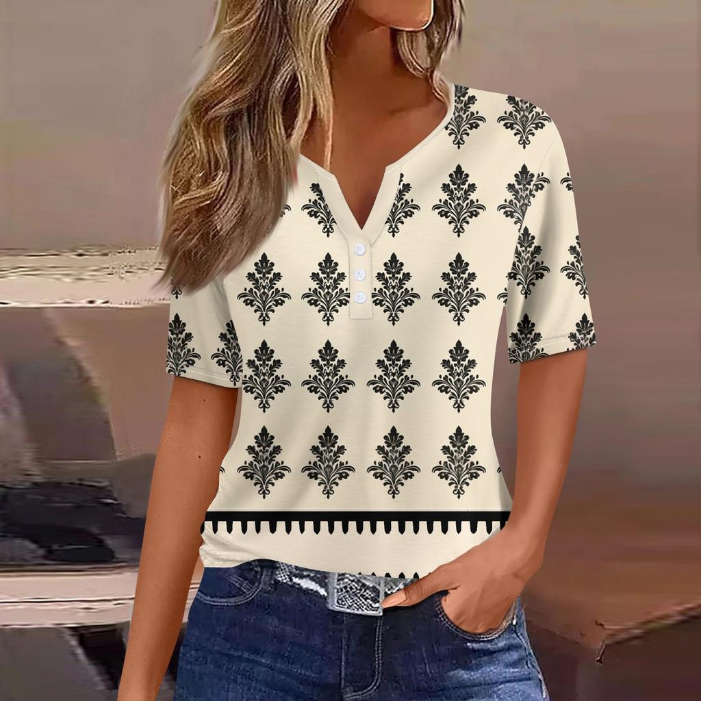 Women's T Shirt Tee Print Button Short Sleeve Daily Weekend Fashion Basic V- Neck Regular Top