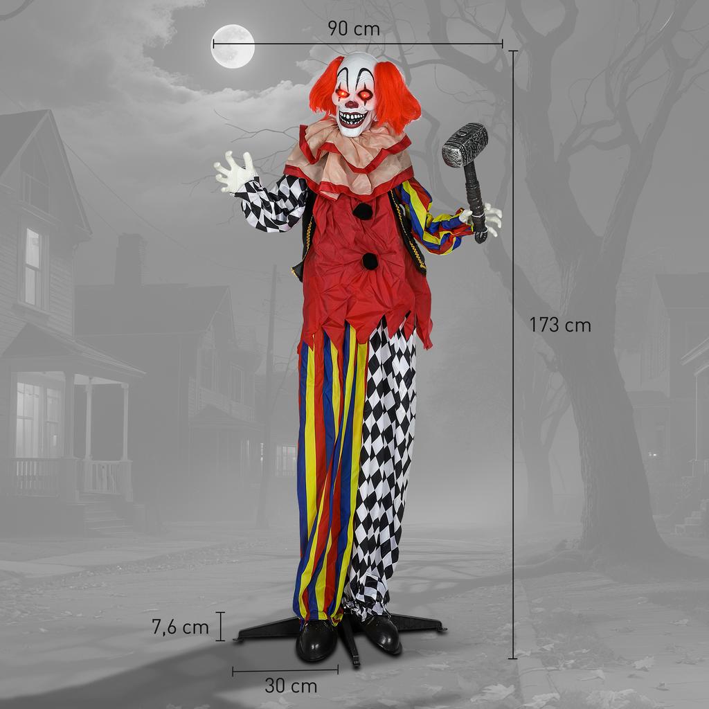 Creepy Clown, Halloween Animatronic, 173 Cm, Glowing Eyes, Sound Activation, Movable Arms and Head, Battery Operated, Plastic, Metal, Red