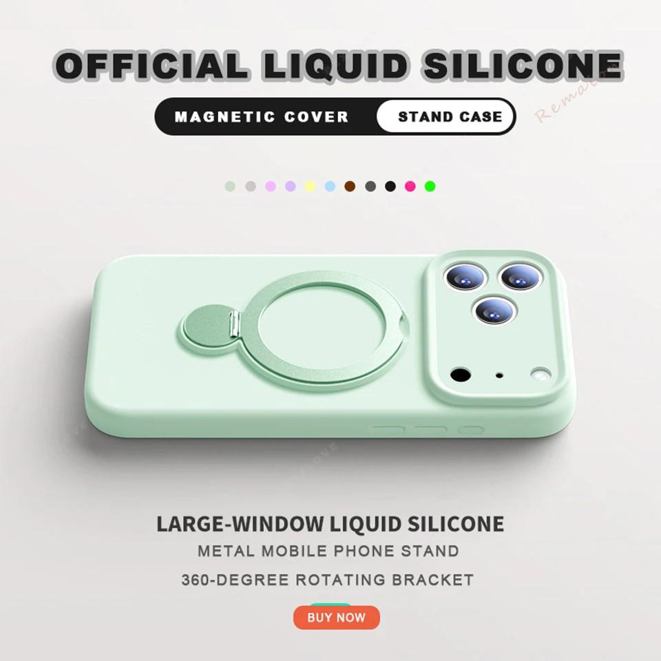 Liquid Silicone Magnetic Phone Bracket Case For iPhone 17 13 14 15 16 Pro Max Air Plus Magsafe Stand Holder Protector Cover