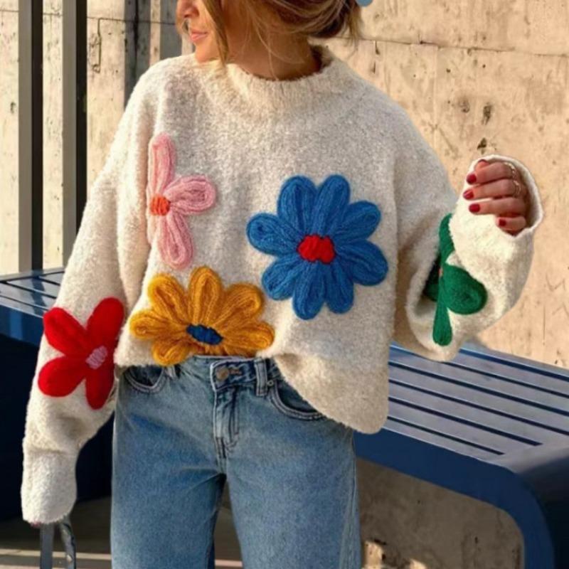 New Colored Small Flower Sweater for Women's Heavy Industry Embroidered Pullover Knitted Sweater for Women