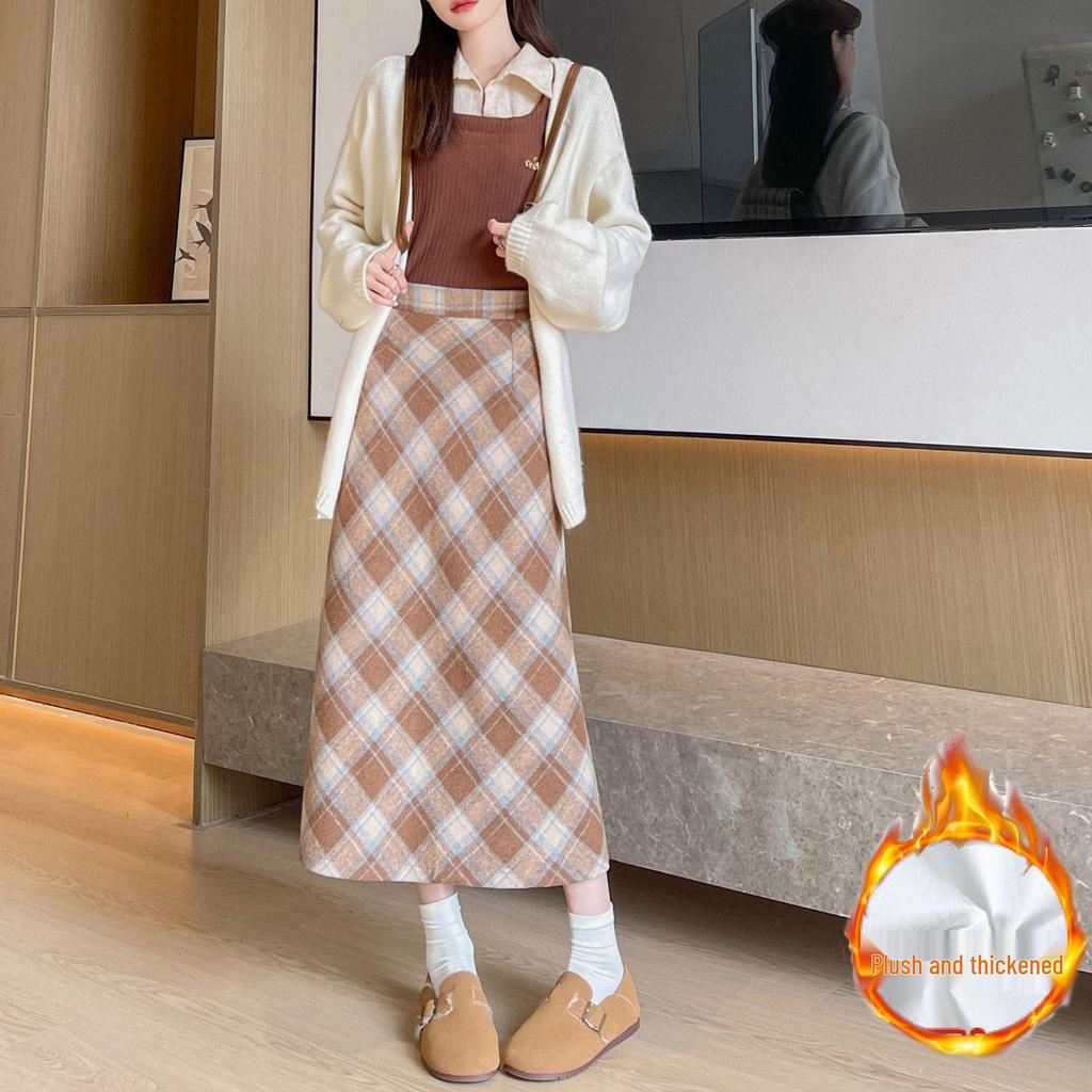Autumn-Winter High Waist Wool Plaid A-Line Midi Skirt
